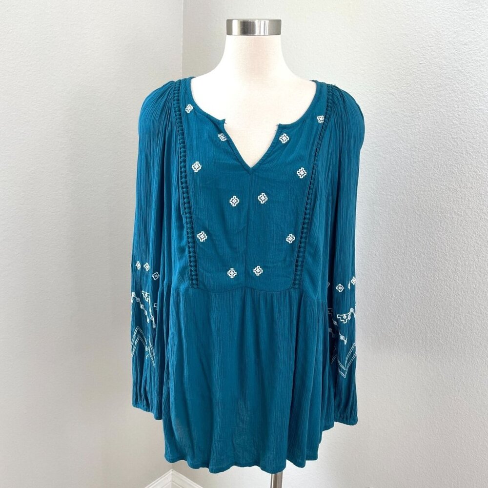Lane Bryant Womens Plus 18 Teal Embroidered Tunic Top Shirt Long Sleeve V Neck